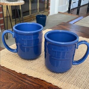 2 Longaberger Blue Ceramic Coffee Mugs with Rounded Rim